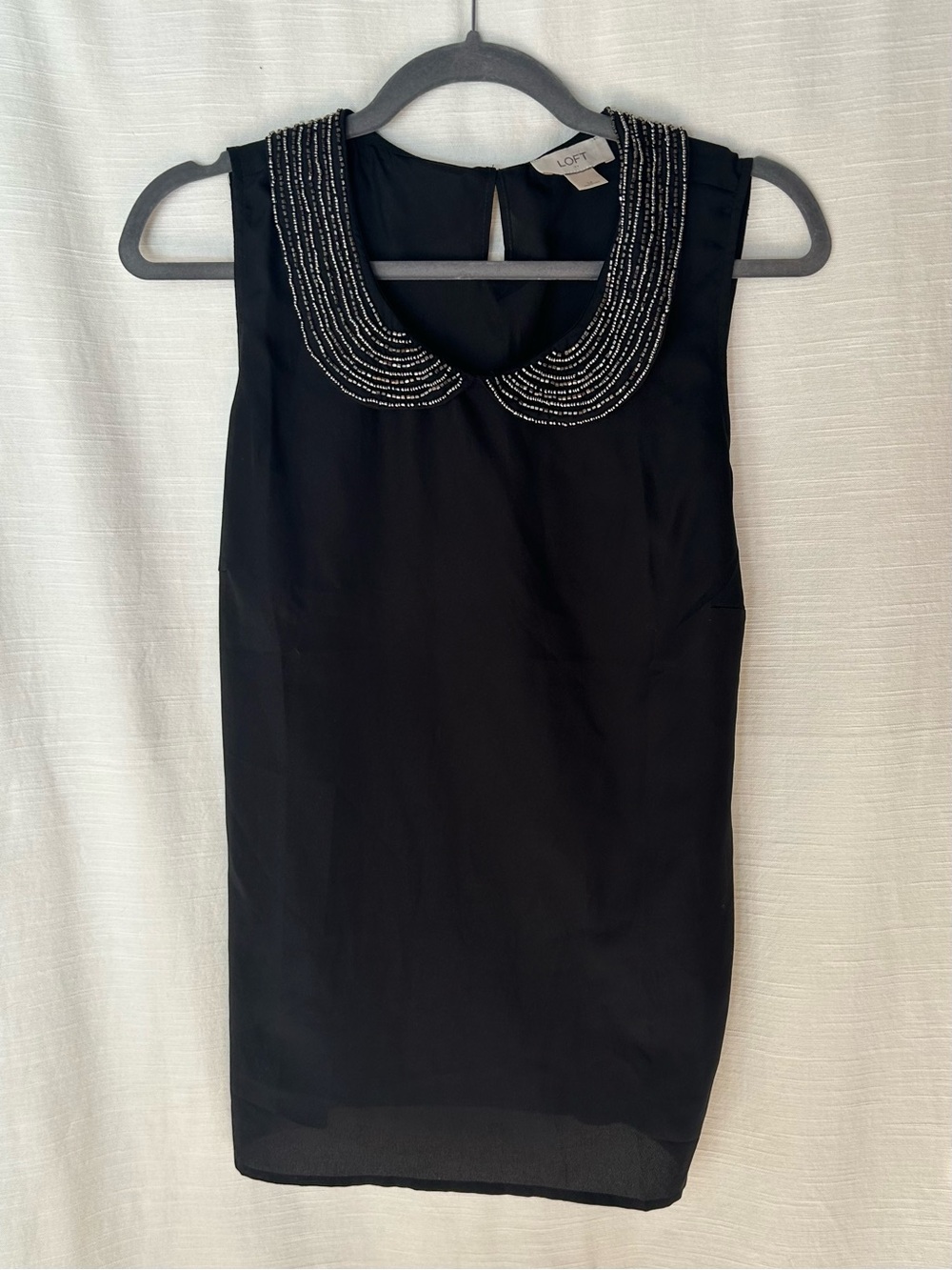 LOFT Black‎ Sleeveless Shift Blouse with Beaded Peter Pan Collar